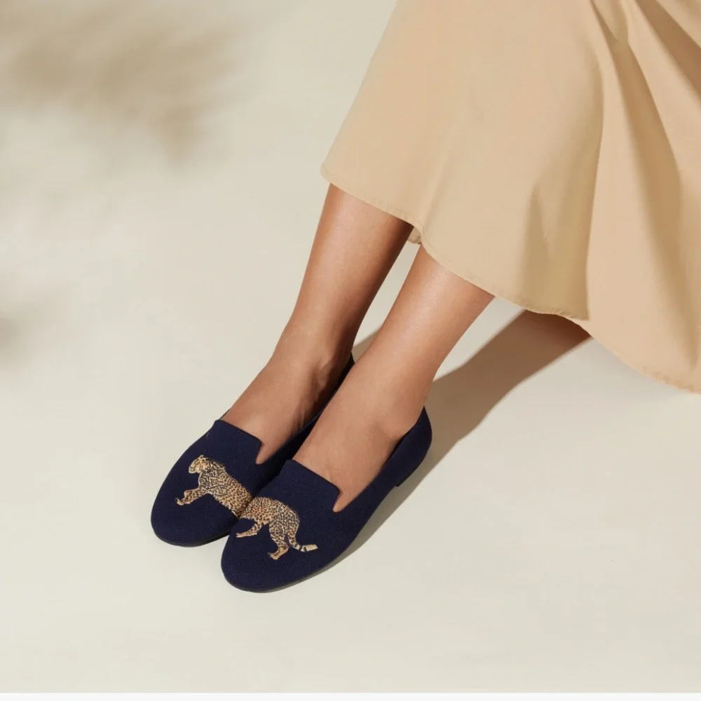 Vivaia Navy Loafers with Leopard Embroidery. Size 42. Water resistant. Gorgeous! - Picture 1 of 9